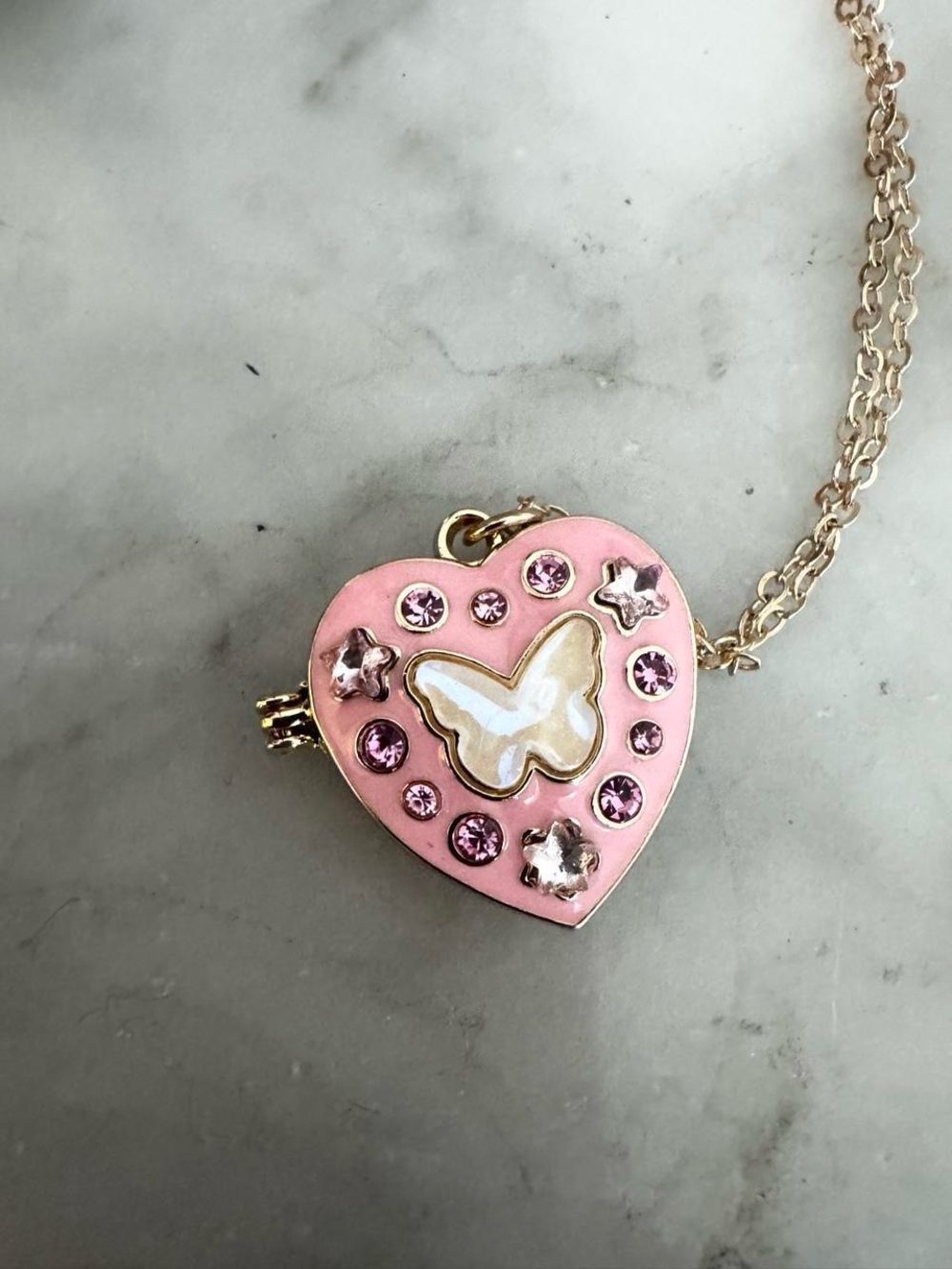 Pink Butterfly Heart Locket Necklace